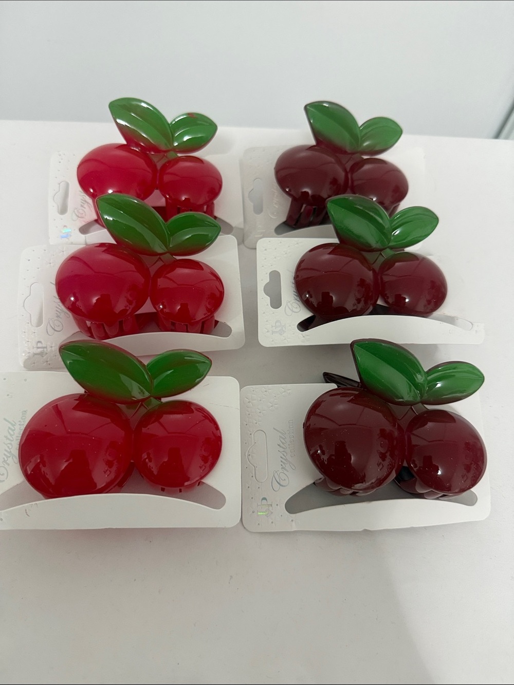 Cherry Shaped Hair Clip - Red/Deep Red with Green Leaves